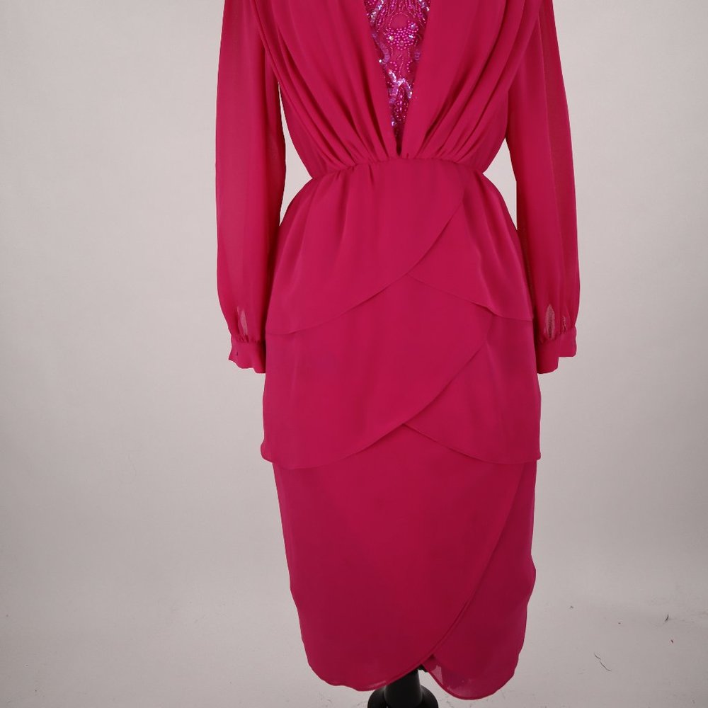 Vtg Ursula of Switzerland 80's Pink Sequin Beaded Tiered Party Dress Gown Formal - Picture 3 of 10